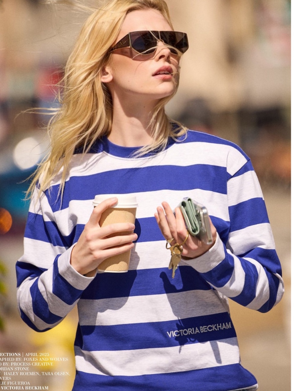 Victoria Beckham Embroidered Striped Long Sleeve Tee Top Blue Grey XS